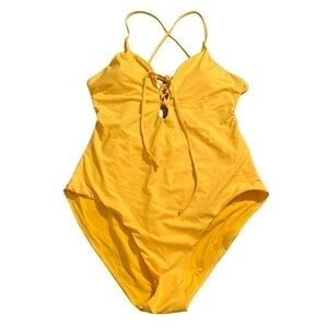 NWT AQUA Swim Lace Up Plunge One Piece Swimsuit in Sunflower Size Large